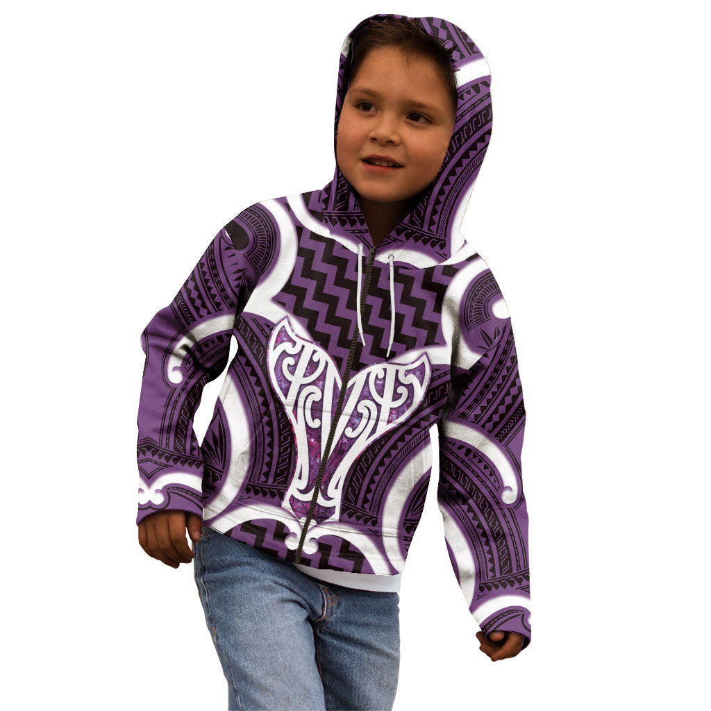 Aotearoa Atua Tangaroa Personalised Kid Hoodie God Of The Sea Maori Whale Tail Purple