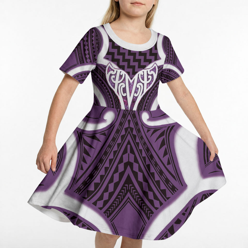 Aotearoa Atua Tangaroa Personalised Kid Short Sleeve Dress God Of The Sea Maori Whale Tail Purple