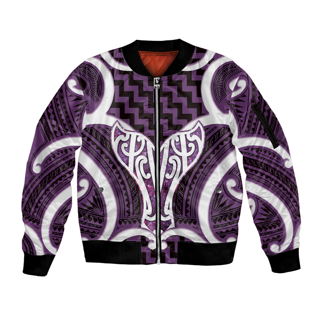 Aotearoa Atua Tangaroa Personalised Sleeve Zip Bomber Jacket God Of The Sea Maori Whale Tail Purple
