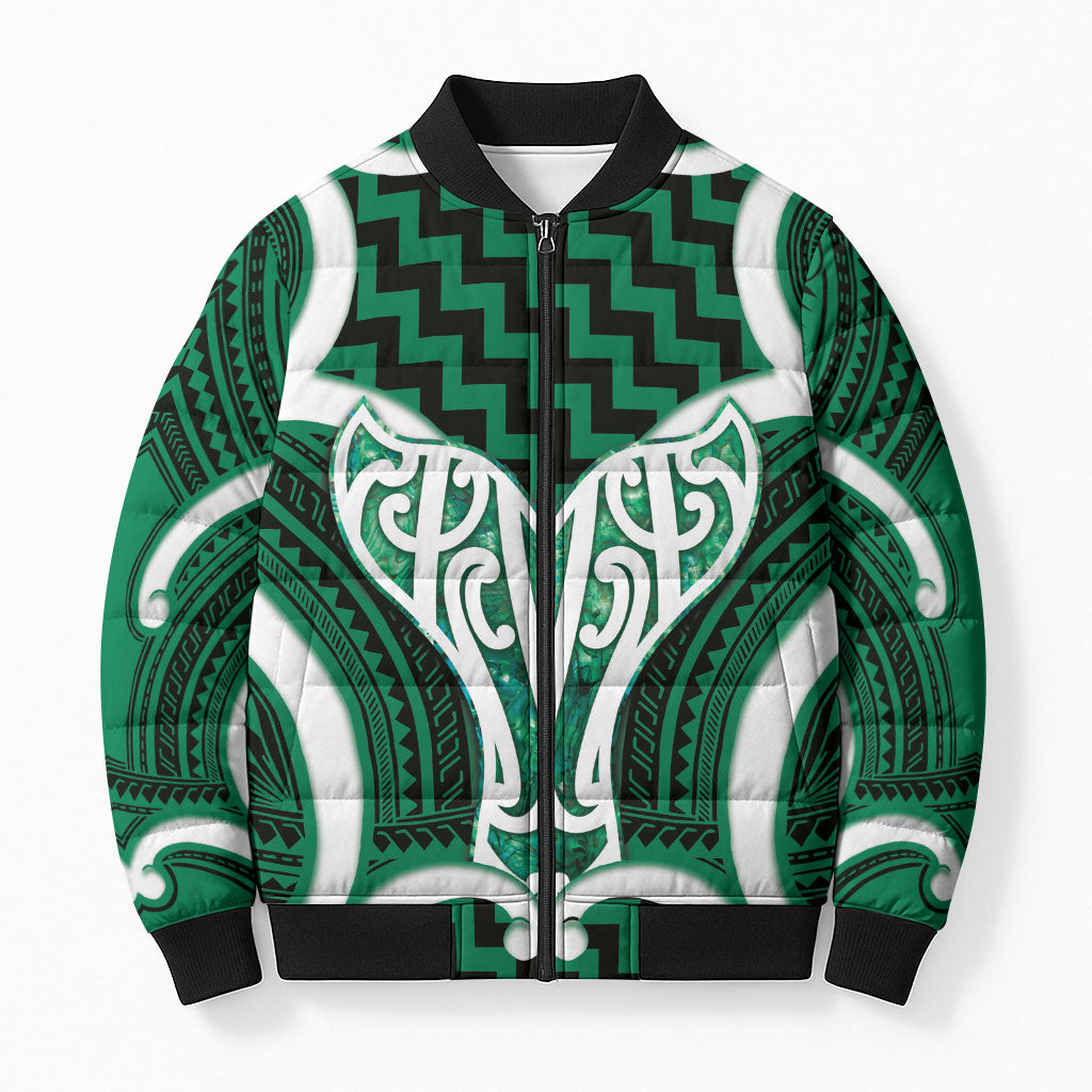 Aotearoa Atua Tangaroa Personalised Bomber Puffer Jacket God Of The Sea Maori Whale Tail Green