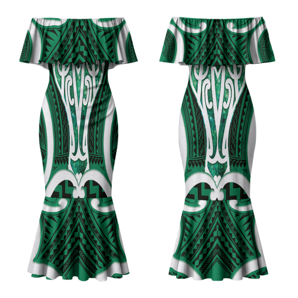 Aotearoa Atua Tangaroa Personalised Couples Matching Mermaid Dress and Long Sleeve Button Shirt God Of The Sea Maori Whale Tail Green