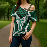 Aotearoa Atua Tangaroa Personalised Cross Shoulder Shirt God Of The Sea Maori Whale Tail Green