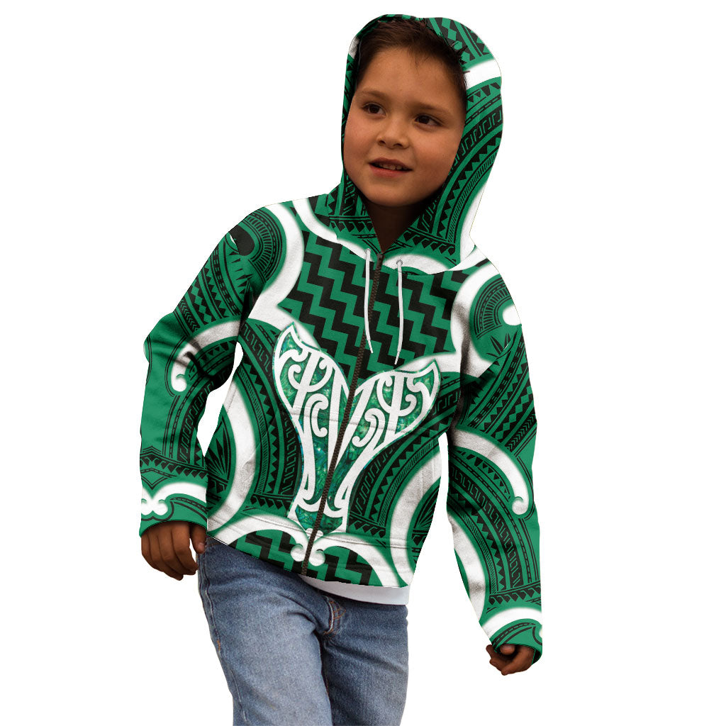 Aotearoa Atua Tangaroa Personalised Kid Hoodie God Of The Sea Maori Whale Tail Green