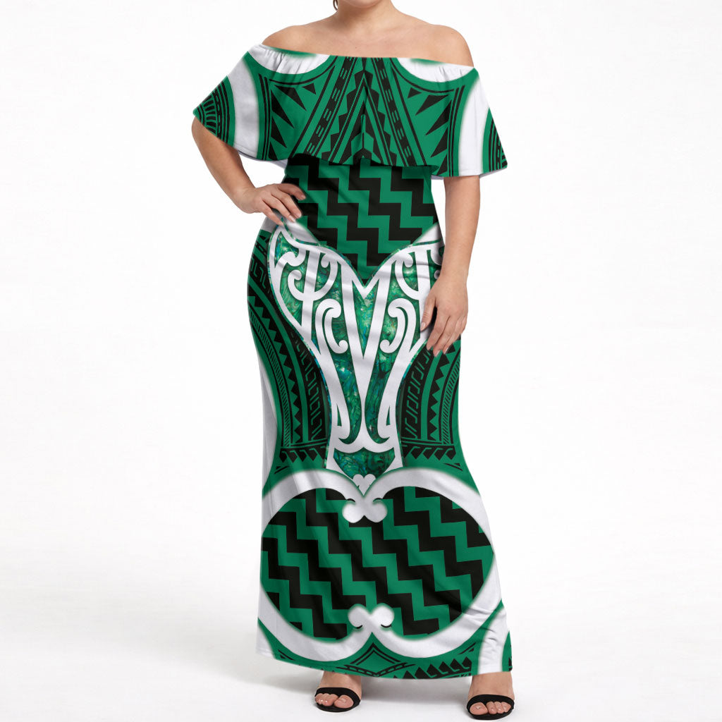 Aotearoa Atua Tangaroa Personalised Off Shoulder Maxi Dress God Of The Sea Maori Whale Tail Green
