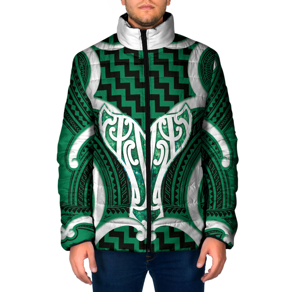 Aotearoa Atua Tangaroa Personalised Padded Jacket God Of The Sea Maori Whale Tail Green