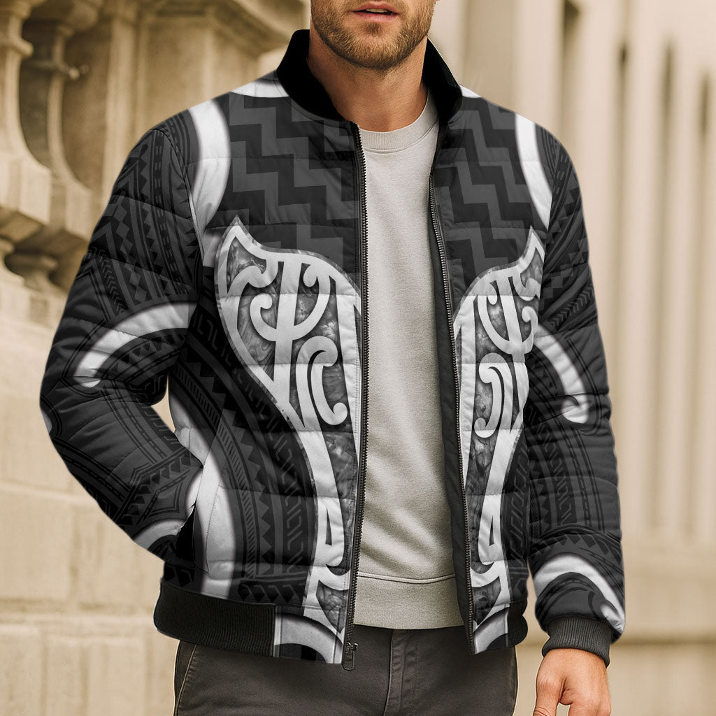 Aotearoa Atua Tangaroa Personalised Bomber Puffer Jacket God Of The Sea Maori Whale Tail Black
