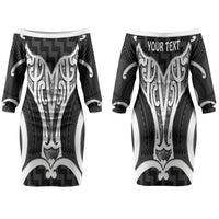 Aotearoa Atua Tangaroa Personalised Couples Matching Off The Shoulder Long Sleeve Dress and Hawaiian Shirt God Of The Sea Maori Whale Tail Black