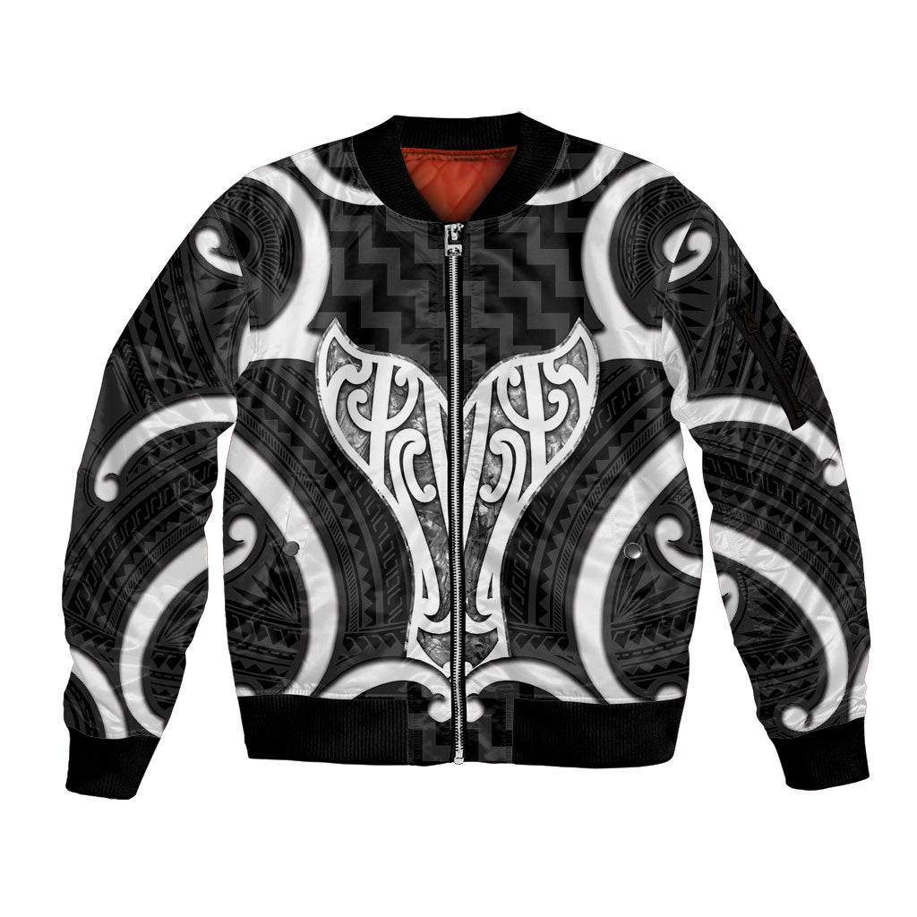 Aotearoa Atua Tangaroa Personalised Sleeve Zip Bomber Jacket God Of The Sea Maori Whale Tail Black
