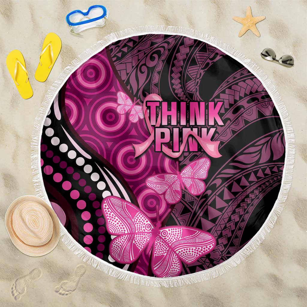 Think Pink Breast Cancer Awareness Beach Blanket Butterfly Aboriginal Mix Polynesian Pattern