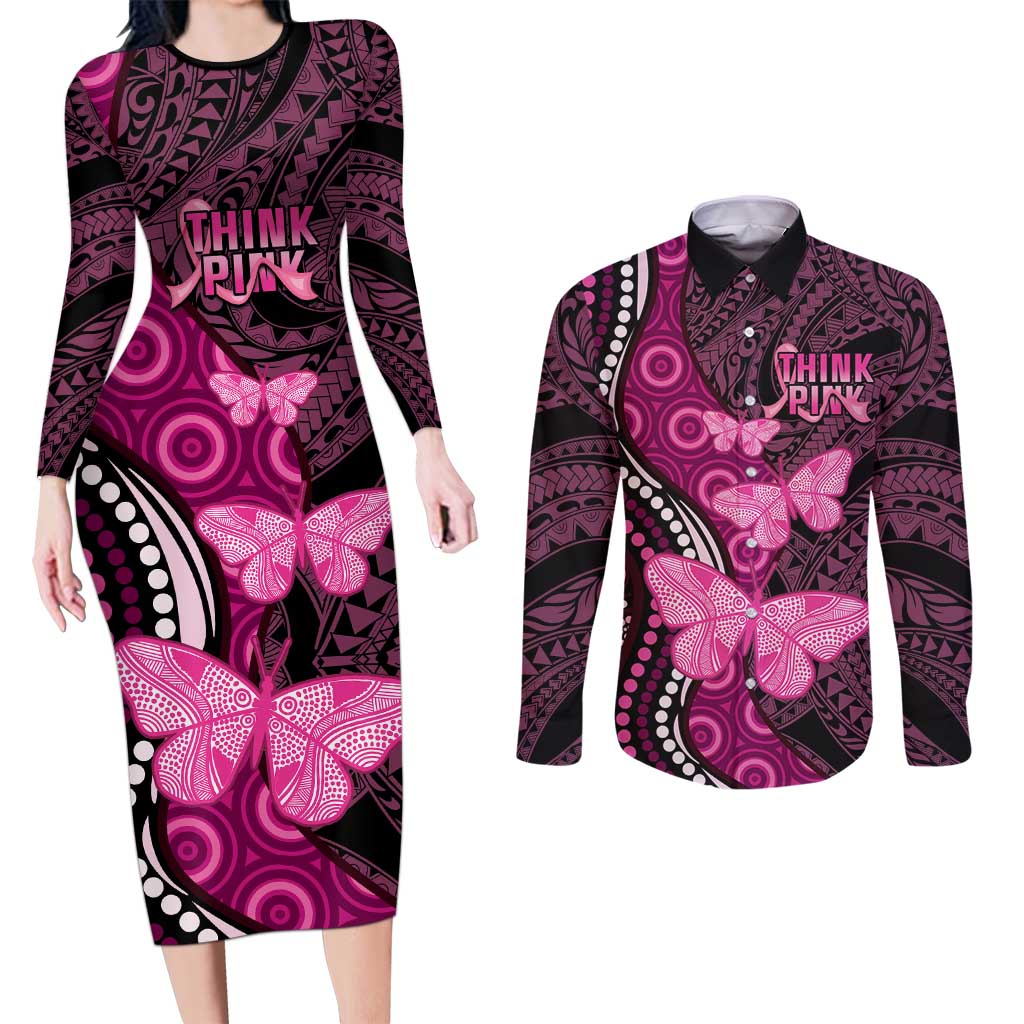 Think Pink Breast Cancer Awareness Couples Matching Long Sleeve Bodycon Dress and Long Sleeve Button Shirt Butterfly Aboriginal Mix Polynesian Pattern LT14 Pink - Polynesian Pride