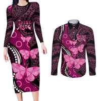 Think Pink Breast Cancer Awareness Couples Matching Long Sleeve Bodycon Dress and Long Sleeve Button Shirt Butterfly Aboriginal Mix Polynesian Pattern LT14 Pink - Polynesian Pride