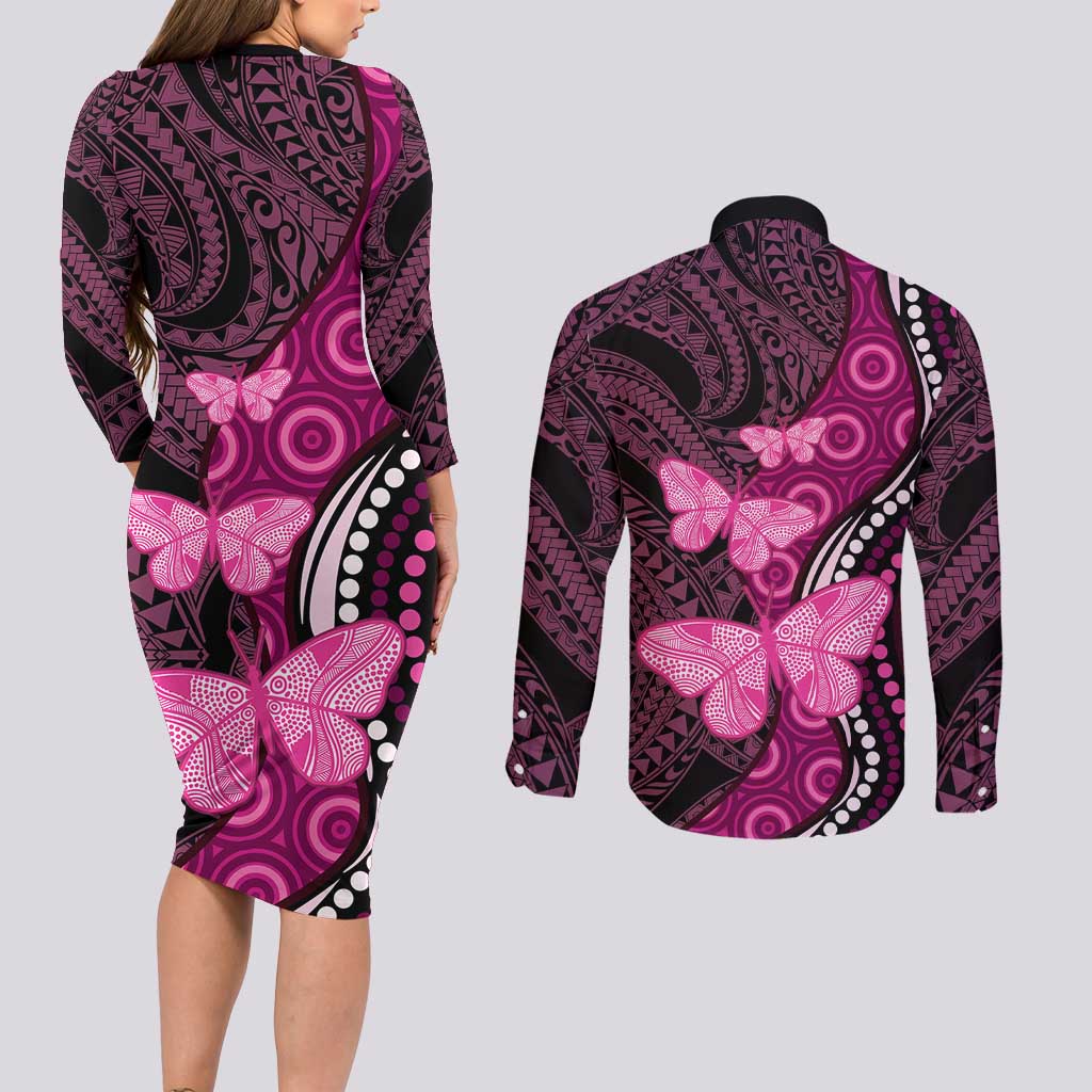 Think Pink Breast Cancer Awareness Couples Matching Long Sleeve Bodycon Dress and Long Sleeve Button Shirt Butterfly Aboriginal Mix Polynesian Pattern LT14 - Polynesian Pride