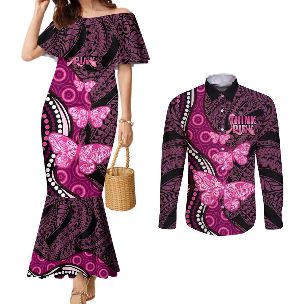 Think Pink Breast Cancer Awareness Couples Matching Mermaid Dress and Long Sleeve Button Shirt Butterfly Aboriginal Mix Polynesian Pattern LT14 Pink - Polynesian Pride