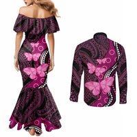 Think Pink Breast Cancer Awareness Couples Matching Mermaid Dress and Long Sleeve Button Shirt Butterfly Aboriginal Mix Polynesian Pattern LT14 - Polynesian Pride