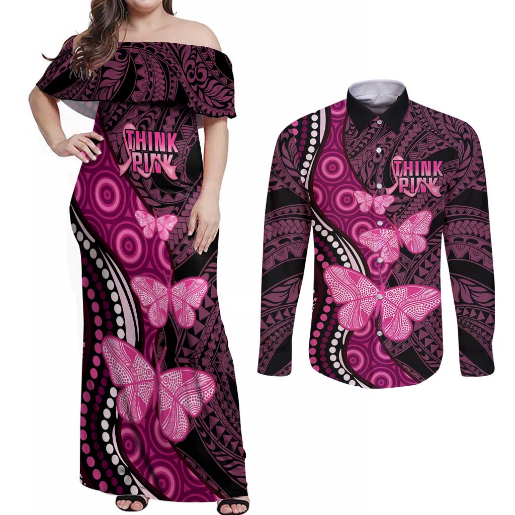 Think Pink Breast Cancer Awareness Couples Matching Off Shoulder Maxi Dress and Long Sleeve Button Shirt Butterfly Aboriginal Mix Polynesian Pattern LT14 Pink - Polynesian Pride