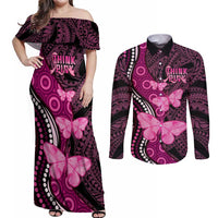 Think Pink Breast Cancer Awareness Couples Matching Off Shoulder Maxi Dress and Long Sleeve Button Shirt Butterfly Aboriginal Mix Polynesian Pattern LT14 Pink - Polynesian Pride