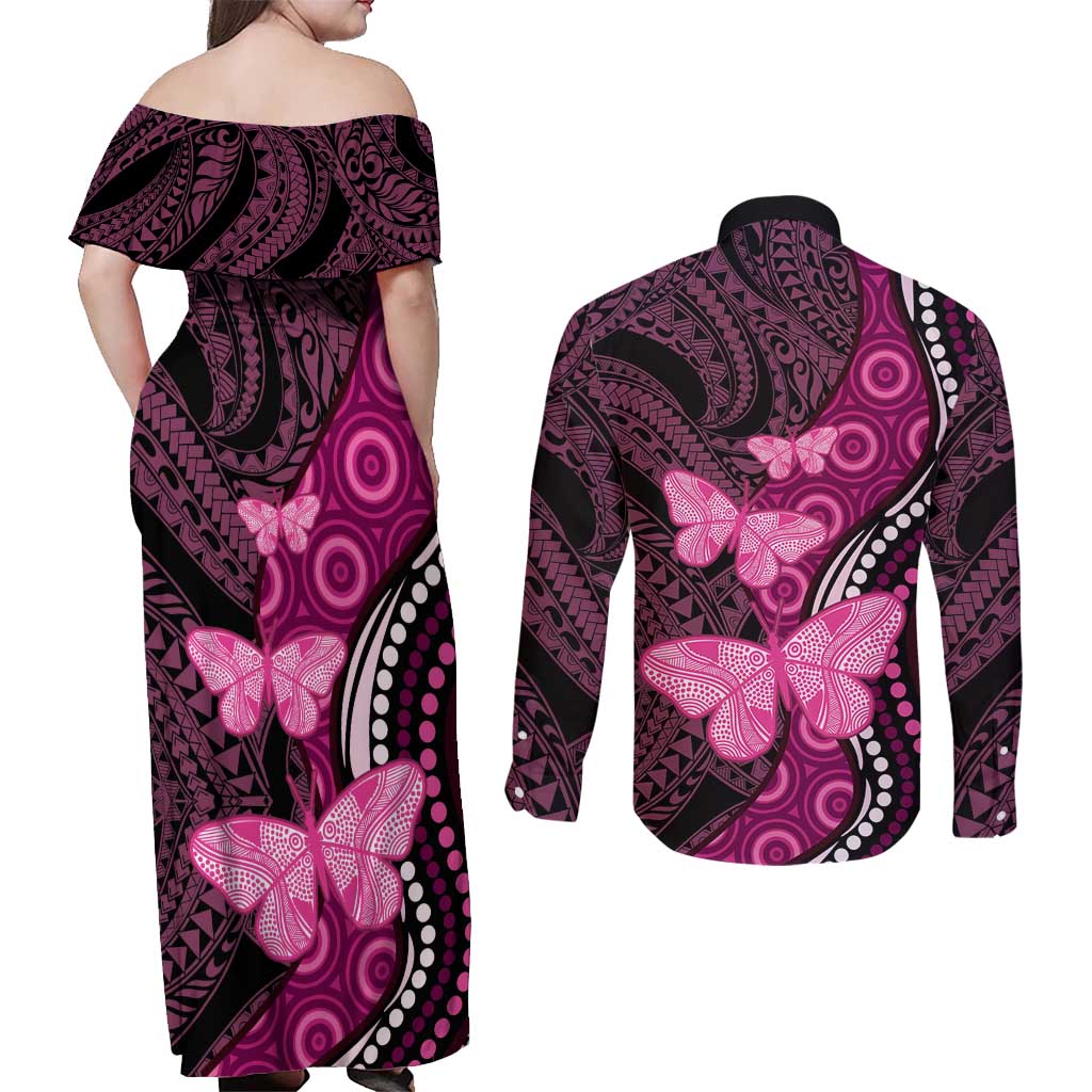 Think Pink Breast Cancer Awareness Couples Matching Off Shoulder Maxi Dress and Long Sleeve Button Shirt Butterfly Aboriginal Mix Polynesian Pattern LT14 - Polynesian Pride