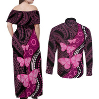 Think Pink Breast Cancer Awareness Couples Matching Off Shoulder Maxi Dress and Long Sleeve Button Shirt Butterfly Aboriginal Mix Polynesian Pattern LT14 - Polynesian Pride