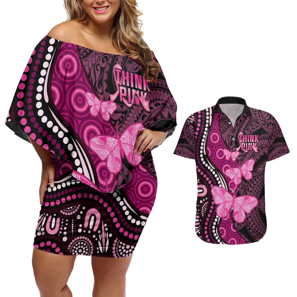 Think Pink Breast Cancer Awareness Couples Matching Off Shoulder Short Dress and Hawaiian Shirt Butterfly Aboriginal Mix Polynesian Pattern LT14 Pink - Polynesian Pride