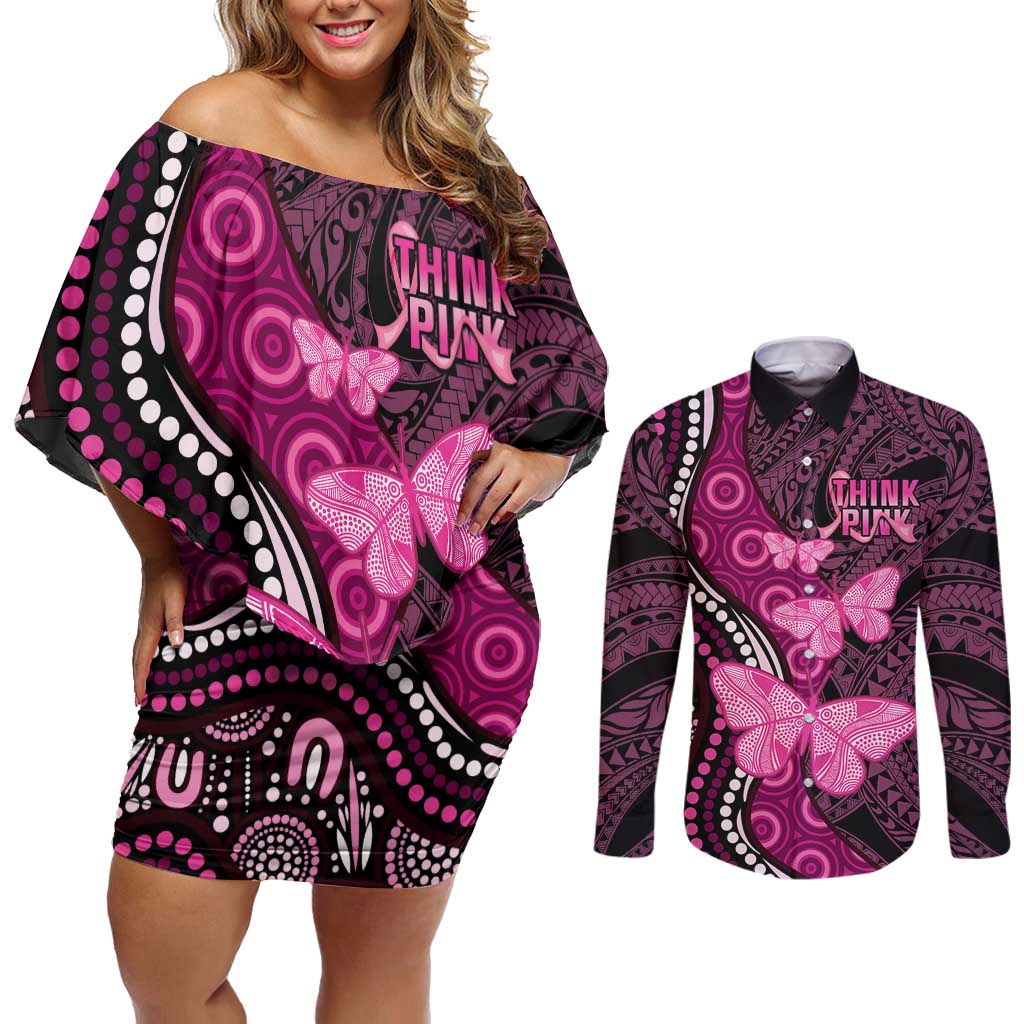 Think Pink Breast Cancer Awareness Couples Matching Off Shoulder Short Dress and Long Sleeve Button Shirt Butterfly Aboriginal Mix Polynesian Pattern LT14 Pink - Polynesian Pride