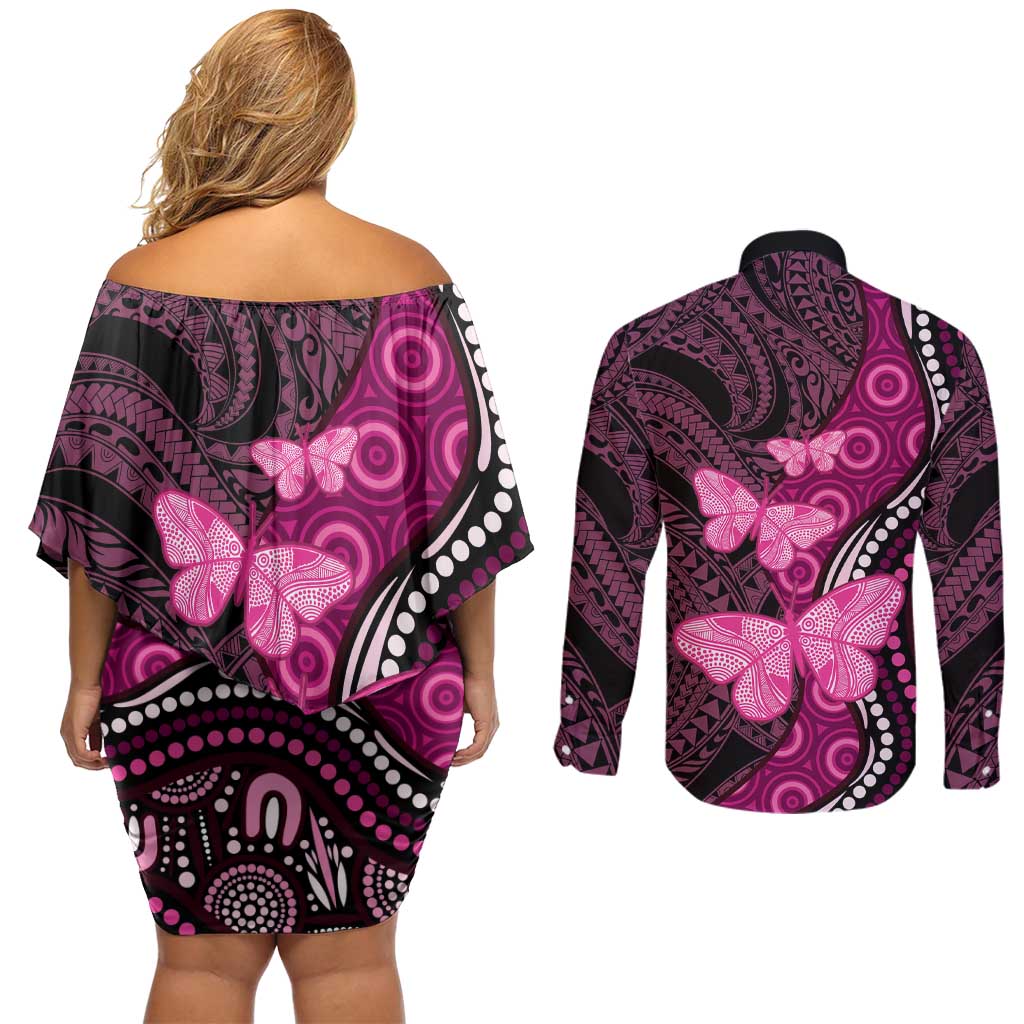 Think Pink Breast Cancer Awareness Couples Matching Off Shoulder Short Dress and Long Sleeve Button Shirt Butterfly Aboriginal Mix Polynesian Pattern LT14 - Polynesian Pride