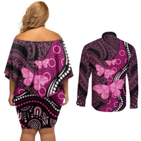 Think Pink Breast Cancer Awareness Couples Matching Off Shoulder Short Dress and Long Sleeve Button Shirt Butterfly Aboriginal Mix Polynesian Pattern LT14 - Polynesian Pride