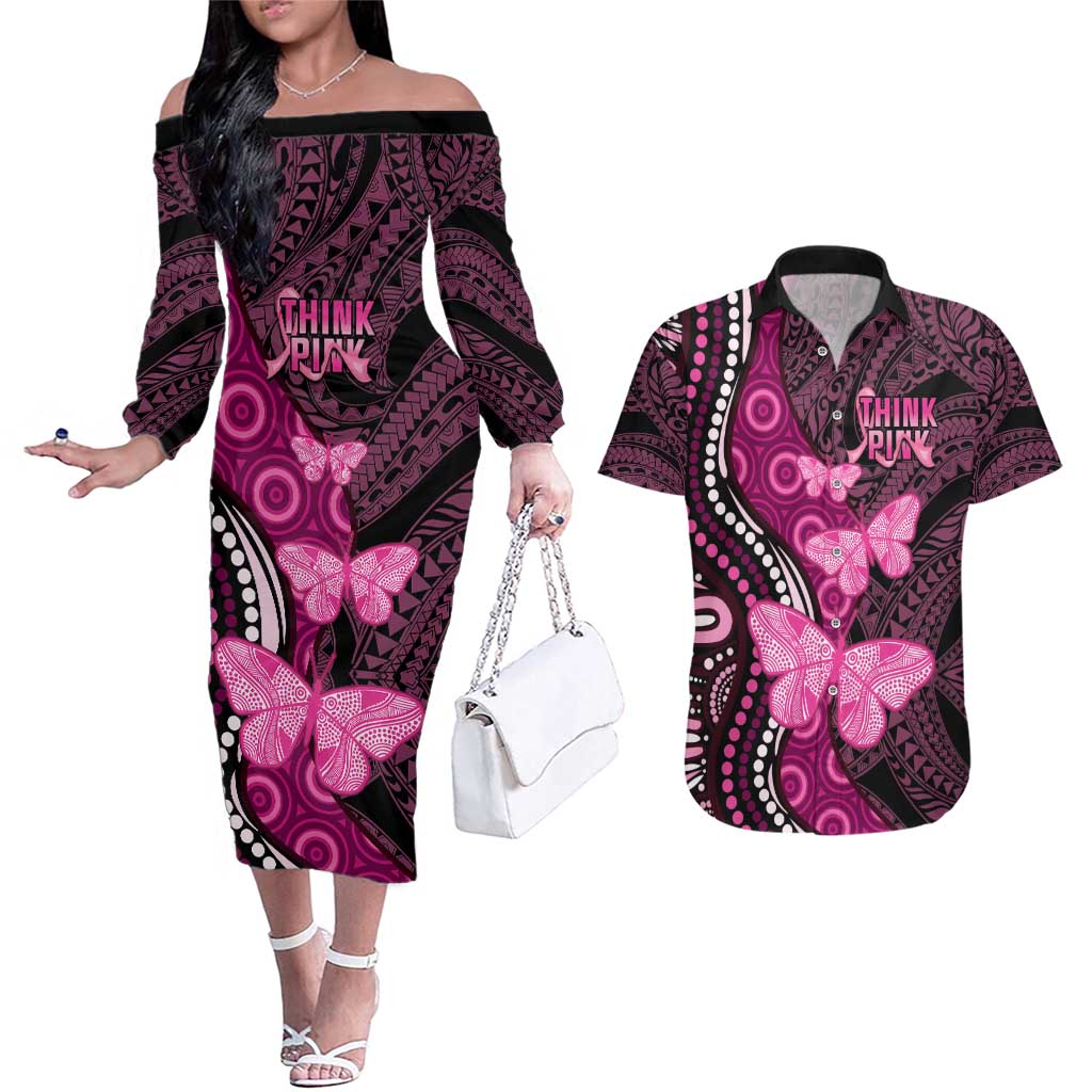Think Pink Breast Cancer Awareness Couples Matching Off The Shoulder Long Sleeve Dress and Hawaiian Shirt Butterfly Aboriginal Mix Polynesian Pattern LT14 Pink - Polynesian Pride