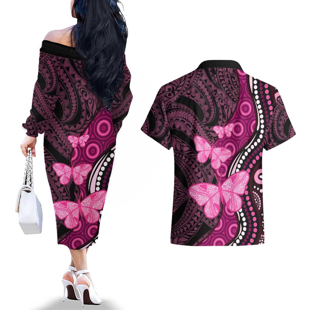 Think Pink Breast Cancer Awareness Couples Matching Off The Shoulder Long Sleeve Dress and Hawaiian Shirt Butterfly Aboriginal Mix Polynesian Pattern LT14 - Polynesian Pride