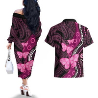 Think Pink Breast Cancer Awareness Couples Matching Off The Shoulder Long Sleeve Dress and Hawaiian Shirt Butterfly Aboriginal Mix Polynesian Pattern LT14 - Polynesian Pride