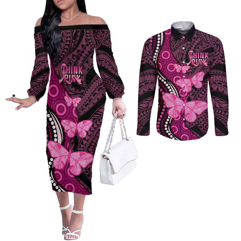 Think Pink Breast Cancer Awareness Couples Matching Off The Shoulder Long Sleeve Dress and Long Sleeve Button Shirt Butterfly Aboriginal Mix Polynesian Pattern LT14 Pink - Polynesian Pride