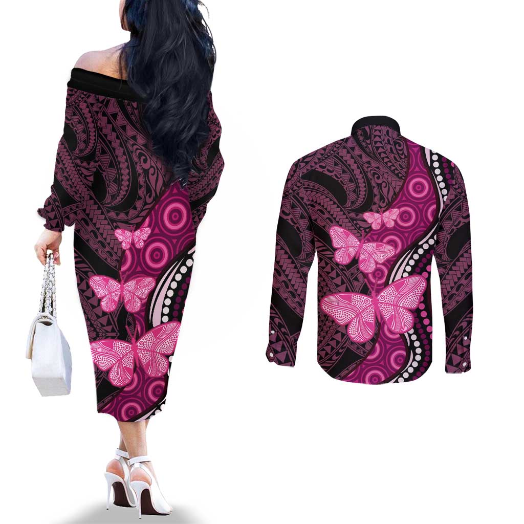 Think Pink Breast Cancer Awareness Couples Matching Off The Shoulder Long Sleeve Dress and Long Sleeve Button Shirt Butterfly Aboriginal Mix Polynesian Pattern LT14 - Polynesian Pride
