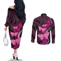 Think Pink Breast Cancer Awareness Couples Matching Off The Shoulder Long Sleeve Dress and Long Sleeve Button Shirt Butterfly Aboriginal Mix Polynesian Pattern LT14 - Polynesian Pride