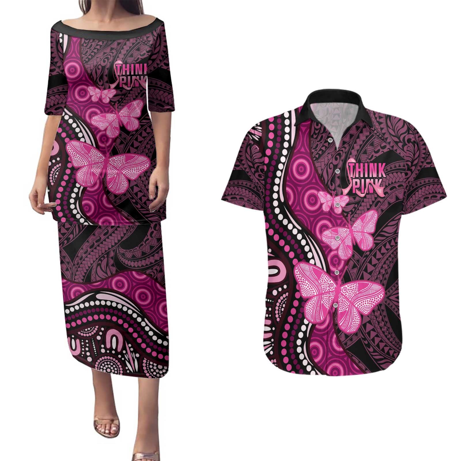 Think Pink Breast Cancer Awareness Couples Matching Puletasi and Hawaiian Shirt Butterfly Aboriginal Mix Polynesian Pattern LT14 Pink - Polynesian Pride