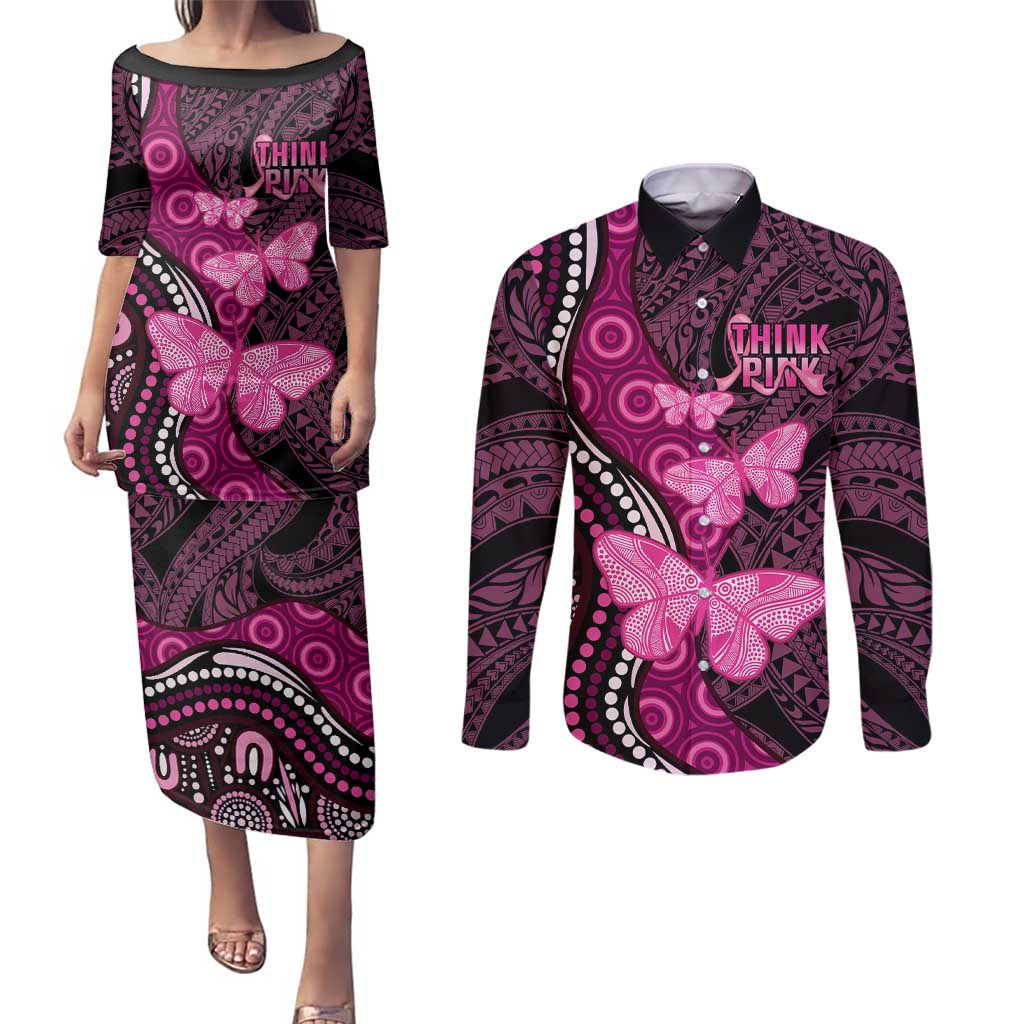 Think Pink Breast Cancer Awareness Couples Matching Puletasi and Long Sleeve Button Shirt Butterfly Aboriginal Mix Polynesian Pattern LT14 Pink - Polynesian Pride