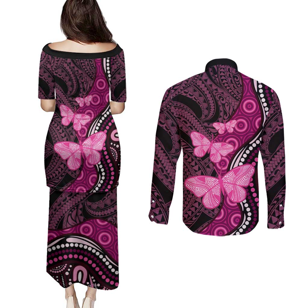 Think Pink Breast Cancer Awareness Couples Matching Puletasi and Long Sleeve Button Shirt Butterfly Aboriginal Mix Polynesian Pattern LT14 - Polynesian Pride