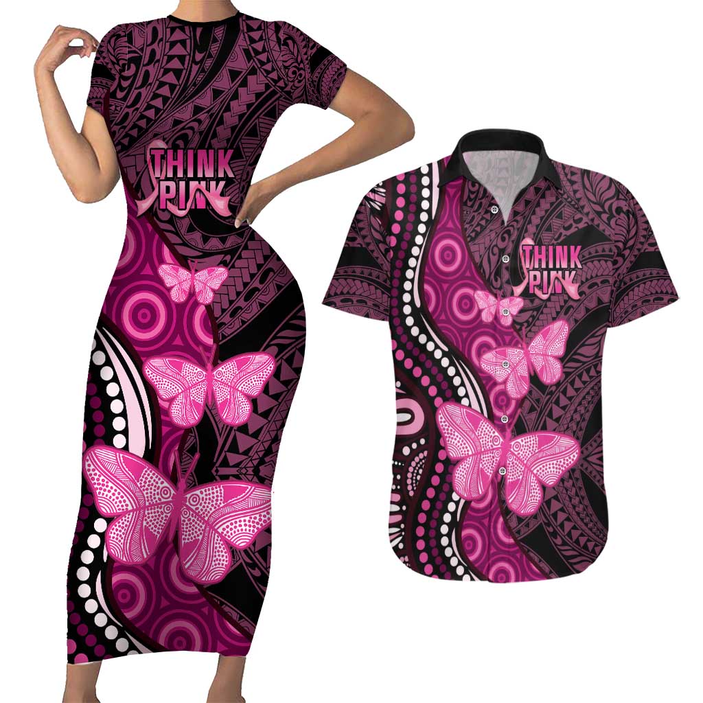 Think Pink Breast Cancer Awareness Couples Matching Short Sleeve Bodycon Dress and Hawaiian Shirt Butterfly Aboriginal Mix Polynesian Pattern