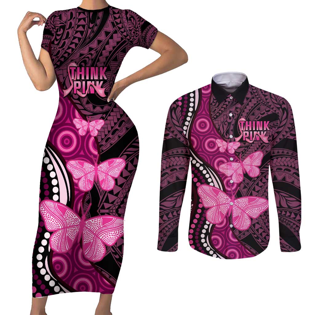 Think Pink Breast Cancer Awareness Couples Matching Short Sleeve Bodycon Dress and Long Sleeve Button Shirt Butterfly Aboriginal Mix Polynesian Pattern LT14 Pink - Polynesian Pride