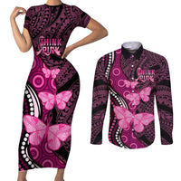 Think Pink Breast Cancer Awareness Couples Matching Short Sleeve Bodycon Dress and Long Sleeve Button Shirt Butterfly Aboriginal Mix Polynesian Pattern LT14 Pink - Polynesian Pride