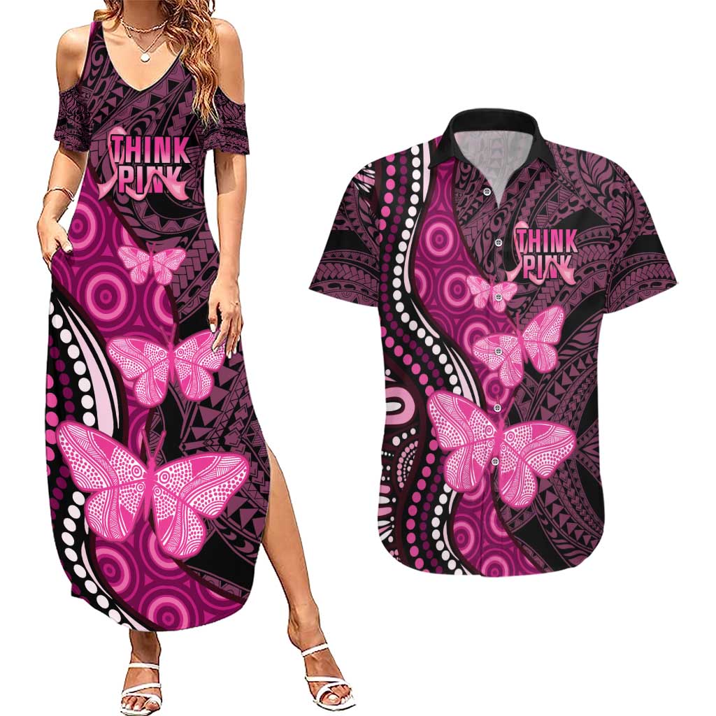 Think Pink Breast Cancer Awareness Couples Matching Summer Maxi Dress and Hawaiian Shirt Butterfly Aboriginal Mix Polynesian Pattern LT14 Pink - Polynesian Pride