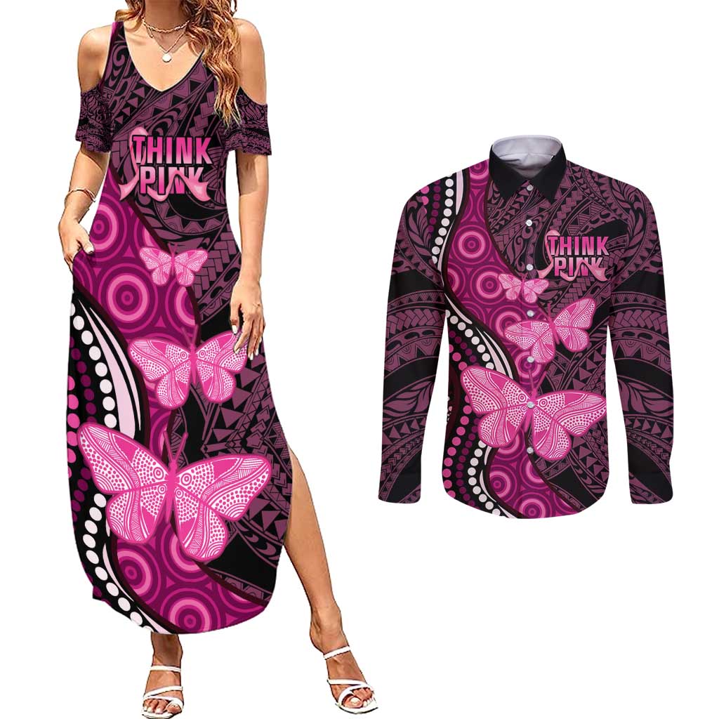 Think Pink Breast Cancer Awareness Couples Matching Summer Maxi Dress and Long Sleeve Button Shirt Butterfly Aboriginal Mix Polynesian Pattern LT14 Pink - Polynesian Pride