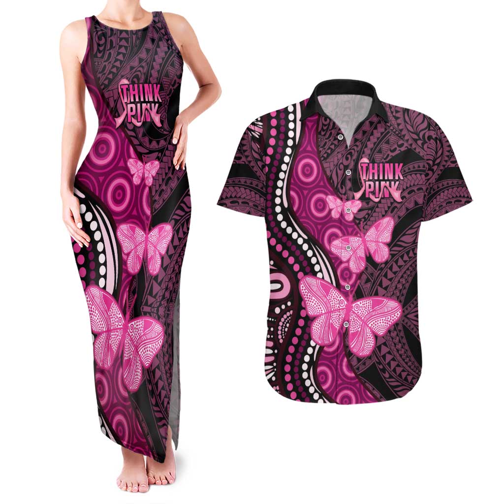 Think Pink Breast Cancer Awareness Couples Matching Tank Maxi Dress and Hawaiian Shirt Butterfly Aboriginal Mix Polynesian Pattern LT14 Pink - Polynesian Pride