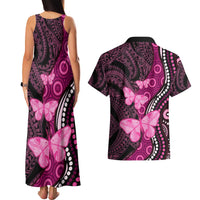 Think Pink Breast Cancer Awareness Couples Matching Tank Maxi Dress and Hawaiian Shirt Butterfly Aboriginal Mix Polynesian Pattern LT14 - Polynesian Pride