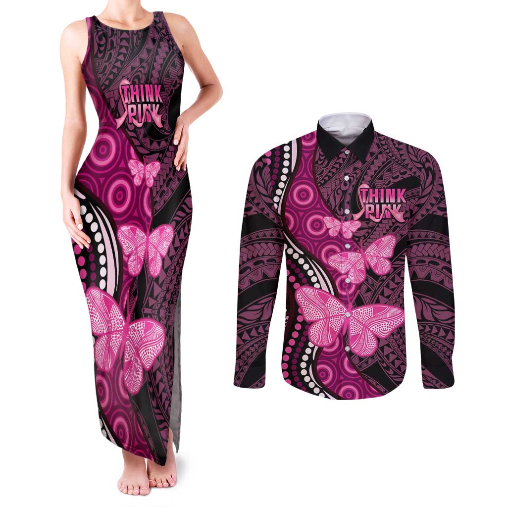 Think Pink Breast Cancer Awareness Couples Matching Tank Maxi Dress and Long Sleeve Button Shirt Butterfly Aboriginal Mix Polynesian Pattern LT14 Pink - Polynesian Pride