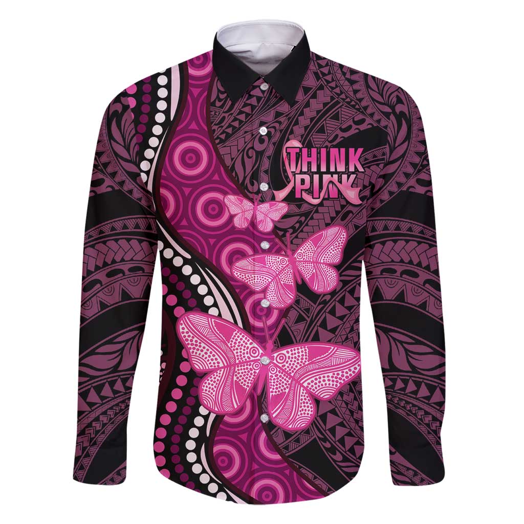 Think Pink Breast Cancer Awareness Family Matching Long Sleeve Bodycon Dress and Hawaiian Shirt Butterfly Aboriginal Mix Polynesian Pattern