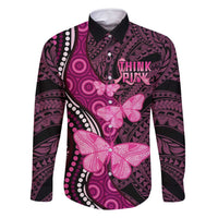 Think Pink Breast Cancer Awareness Family Matching Long Sleeve Bodycon Dress and Hawaiian Shirt Butterfly Aboriginal Mix Polynesian Pattern
