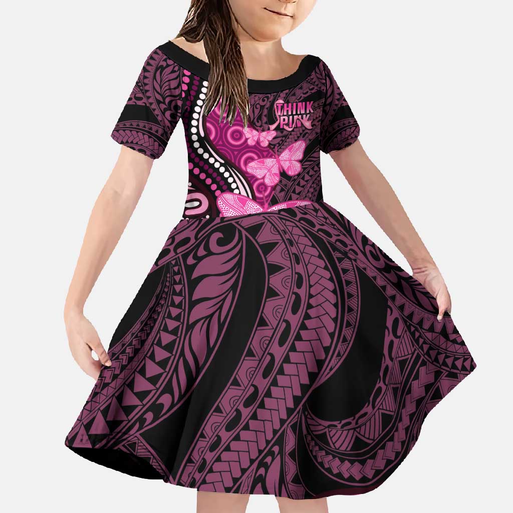 Think Pink Breast Cancer Awareness Family Matching Mermaid Dress and Hawaiian Shirt Butterfly Aboriginal Mix Polynesian Pattern LT14 Daughter's Dress Pink - Polynesian Pride