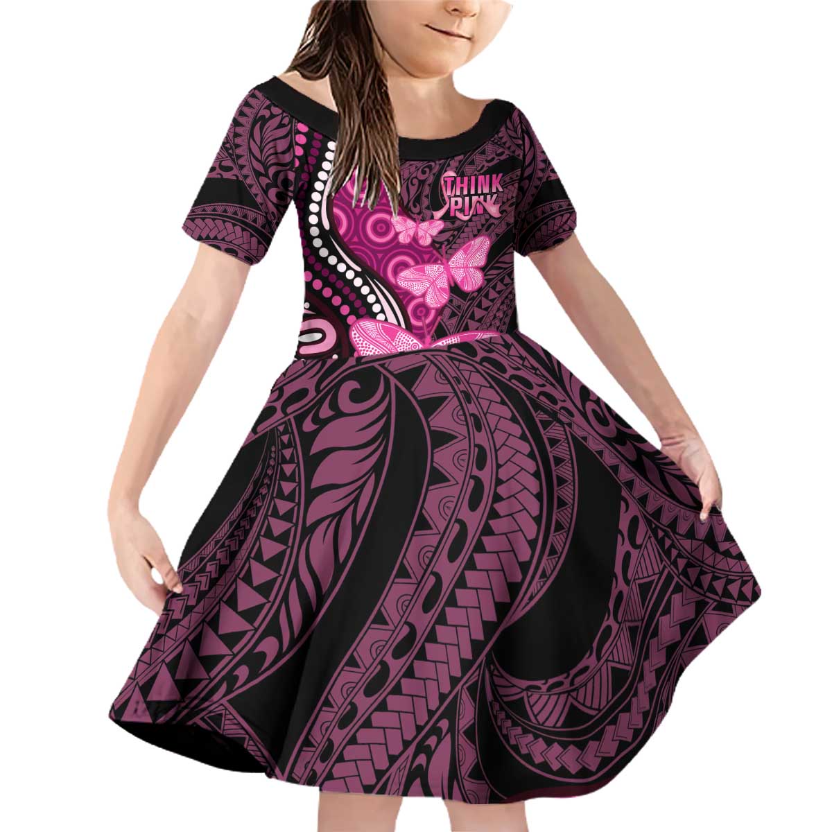 Think Pink Breast Cancer Awareness Family Matching Off Shoulder Short Dress and Hawaiian Shirt Butterfly Aboriginal Mix Polynesian Pattern LT14 Daughter's Dress Pink - Polynesian Pride