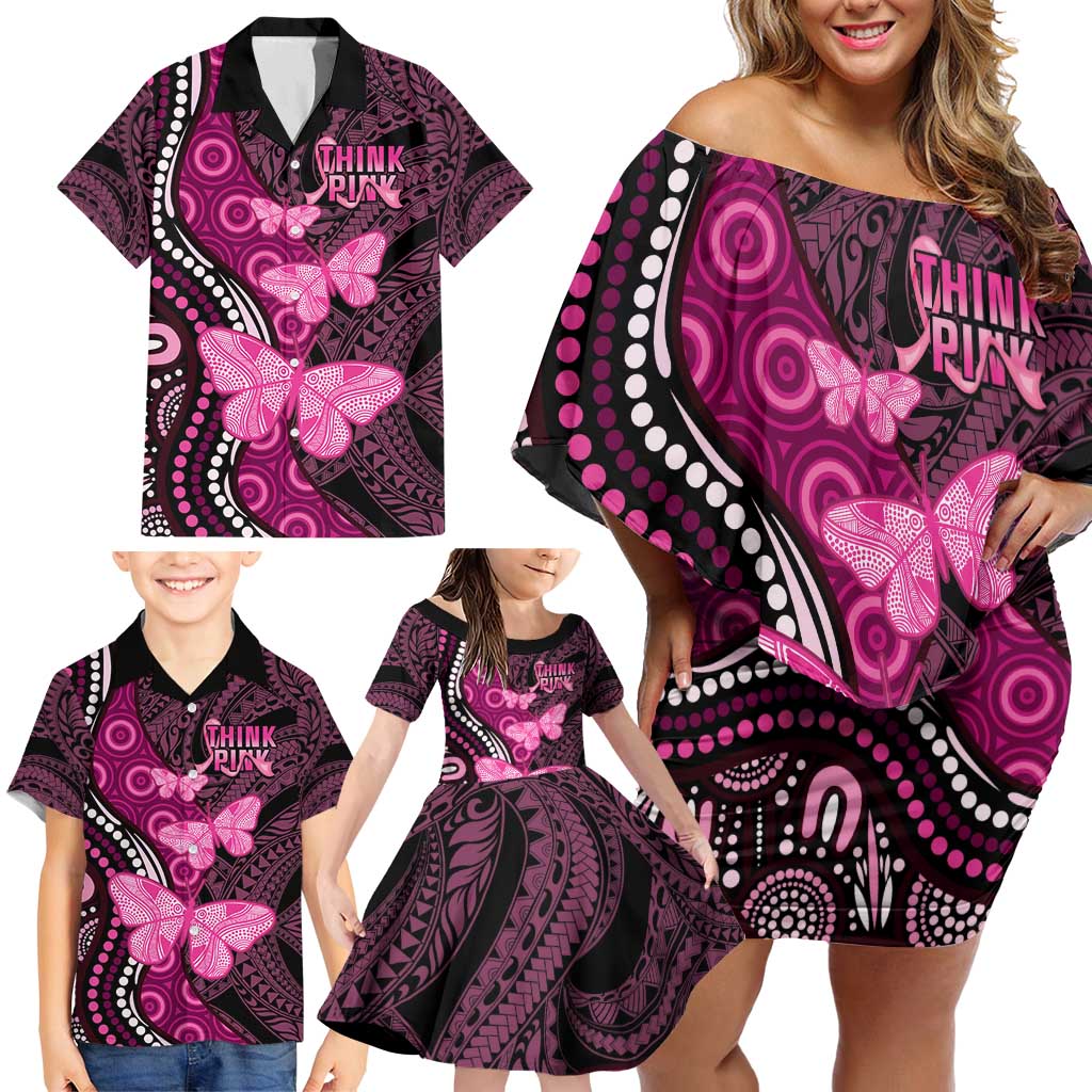 Think Pink Breast Cancer Awareness Family Matching Off Shoulder Short Dress and Hawaiian Shirt Butterfly Aboriginal Mix Polynesian Pattern LT14 - Polynesian Pride