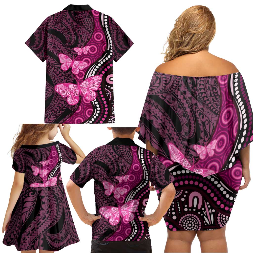 Think Pink Breast Cancer Awareness Family Matching Off Shoulder Short Dress and Hawaiian Shirt Butterfly Aboriginal Mix Polynesian Pattern LT14 - Polynesian Pride