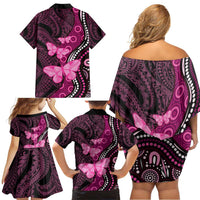 Think Pink Breast Cancer Awareness Family Matching Off Shoulder Short Dress and Hawaiian Shirt Butterfly Aboriginal Mix Polynesian Pattern LT14 - Polynesian Pride